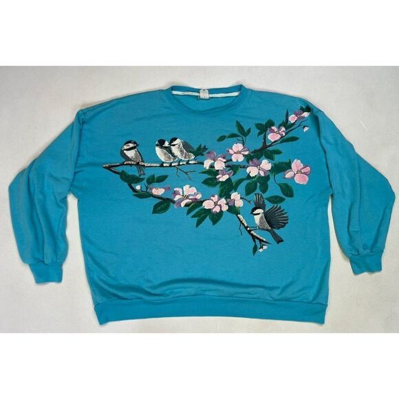 VINTAGE Bird Flower Graphic Sweatshirt Women Large Blue USA 90s - Picture 1 of 5